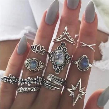 Anéis de flores e folhas esculpidas vintage para mulheres, borboleta com estrela, gema do céu, presente de joias da moda, 11 pçs/set Importe Go 