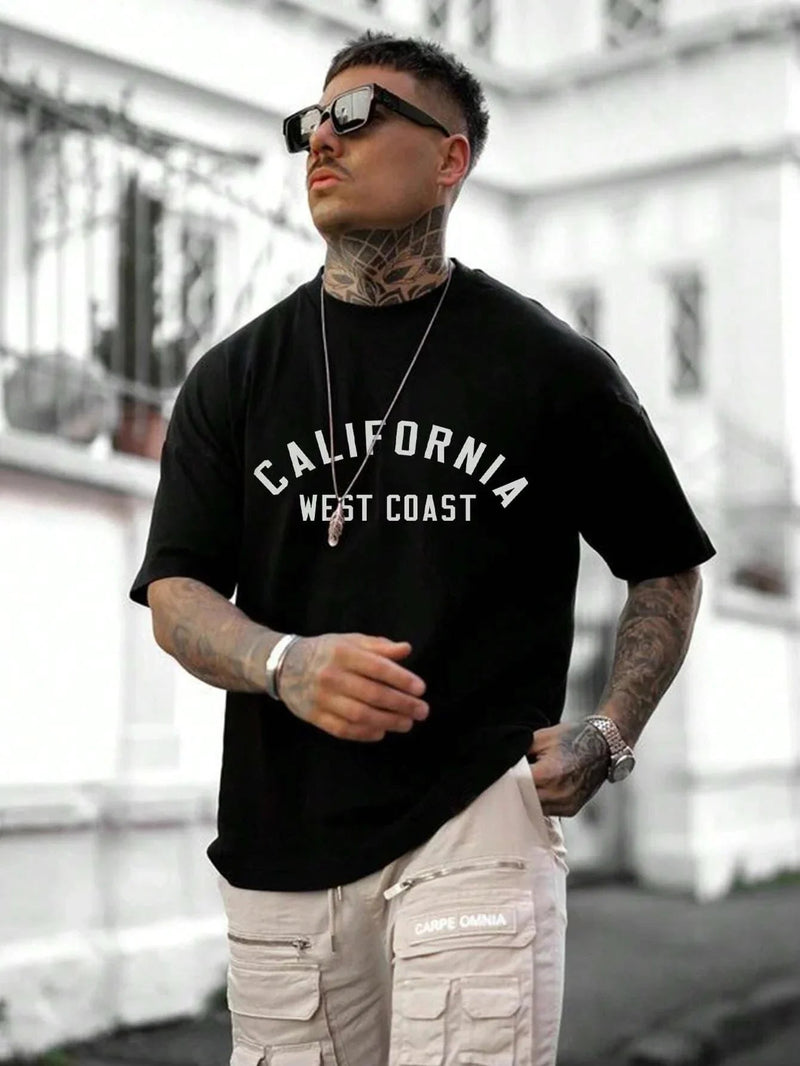 Camiseta estampada em inglês para homens, camiseta casual solta de rua, top algodão de alta qualidade, nova moda, verão, 2023 Importe Go 