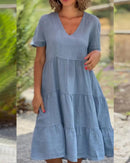 (Compre 1 Leve 2) Vestido de algodão e linho - Fresquinho e Soltinho para o Verão! Importe Go P ( Busto: 90 - 95cm) azul claro Preto