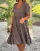 (Compre 1 Leve 2) Vestido de algodão e linho - Fresquinho e Soltinho para o Verão! Importe Go P ( Busto: 90 - 95cm) bege Preto