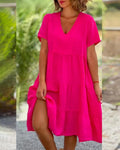 (Compre 1 Leve 2) Vestido de algodão e linho - Fresquinho e Soltinho para o Verão! Importe Go P ( Busto: 90 - 95cm) rosa Preto