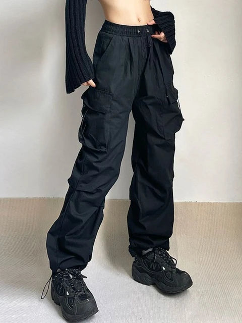 HOUZHOU-Calças de paraquedas de carga extragrandes femininas, streetwear vintage, corredores de perna larga Y2K Hip Hop, moletom largo, Techwear, Harajuku Importe Go Black S 