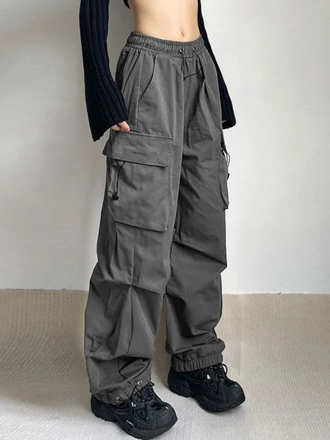 HOUZHOU-Calças de paraquedas de carga extragrandes femininas, streetwear vintage, corredores de perna larga Y2K Hip Hop, moletom largo, Techwear, Harajuku Importe Go Gray S 
