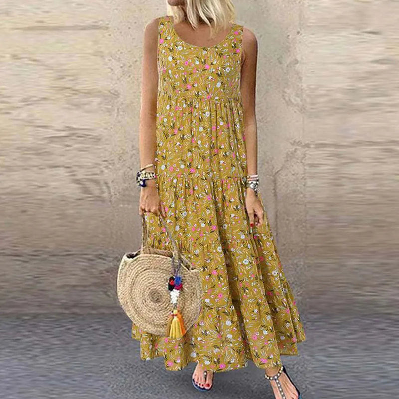 Jocoo Jolee-Vestido maxi boêmio feminino, sem mangas, gola em O, estampa floral, solto, longo, grande, vestido de praia, casual, vintage Importe Go 