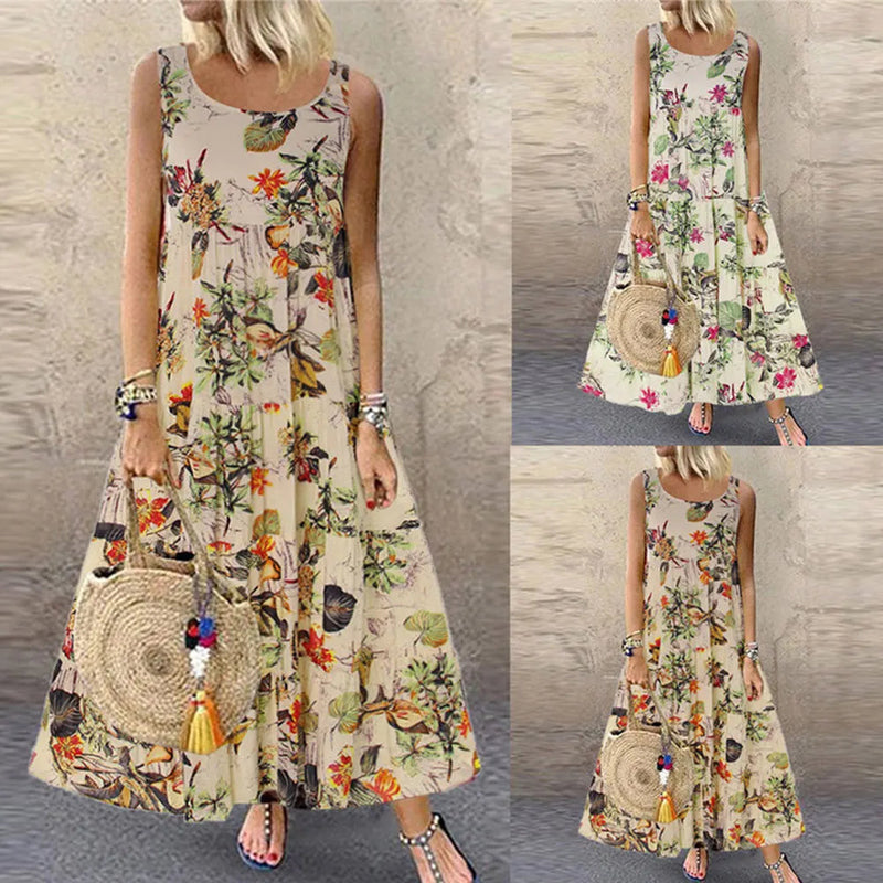 Jocoo Jolee-Vestido maxi boêmio feminino, sem mangas, gola em O, estampa floral, solto, longo, grande, vestido de praia, casual, vintage Importe Go 