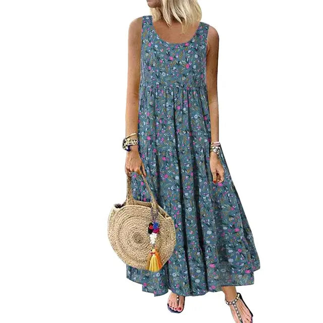 Jocoo Jolee-Vestido maxi boêmio feminino, sem mangas, gola em O, estampa floral, solto, longo, grande, vestido de praia, casual, vintage Importe Go Azul S 