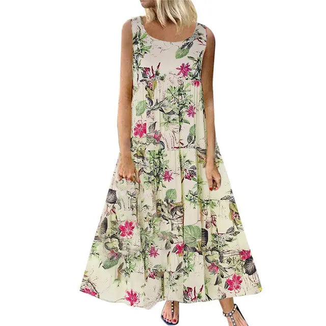 Jocoo Jolee-Vestido maxi boêmio feminino, sem mangas, gola em O, estampa floral, solto, longo, grande, vestido de praia, casual, vintage Importe Go Beige S 