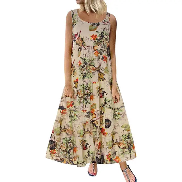 Jocoo Jolee-Vestido maxi boêmio feminino, sem mangas, gola em O, estampa floral, solto, longo, grande, vestido de praia, casual, vintage Importe Go Dark Beige S 