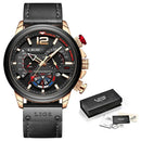 LIGE-Relógio quartzo cronógrafo de luxo masculino, relógios de pulso de couro masculino, relógio impermeável, relógios esportivos, moda Importe Go gold black 