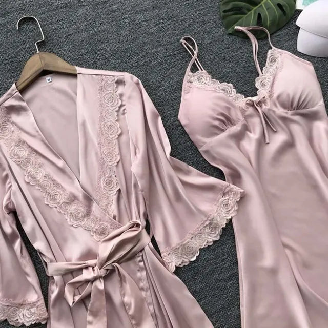 Lingerie feminina de renda, pijama sexy, roupa de dormir, roupão, cetim seda, roupa de casa, pijamas femininos, 2 peças Importe Go Rosa S 