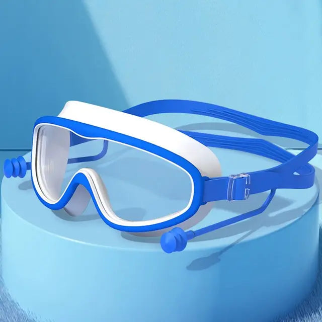 Óculos de natação grandes com tampões para os ouvidos, óculos infantis anti-nevoeiro, óculos de praia para meninos e meninas Importe Go -blue white 