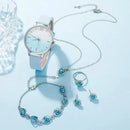 Relógios de pulso simples para mulheres, relógio quartzo strass azul, pulseira de couro, conjunto de braceletes femininos, presentes de moda, 6PCs Importe Go 