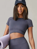 Seamless Short Sleeve Yoga Shirt para Mulheres, Esporte Camisetas, Ginásio Roupas de Fitness, Corrida e desgaste ativo Importe Go CINZA M 