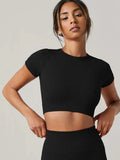 Seamless Short Sleeve Yoga Shirt para Mulheres, Esporte Camisetas, Ginásio Roupas de Fitness, Corrida e desgaste ativo Importe Go Preto L 