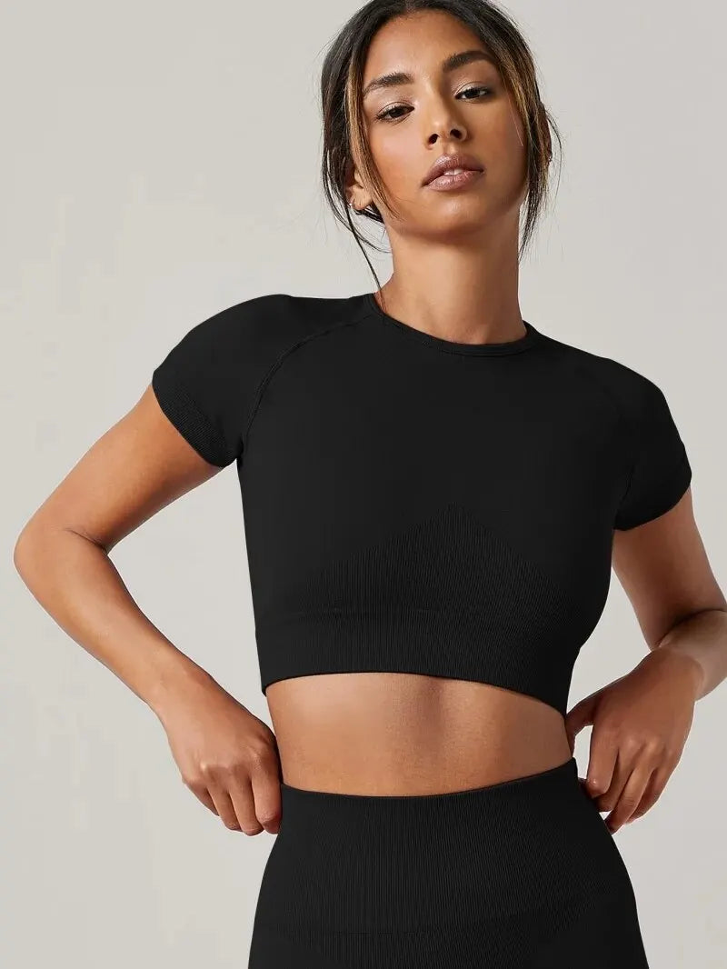 Seamless Short Sleeve Yoga Shirt para Mulheres, Esporte Camisetas, Ginásio Roupas de Fitness, Corrida e desgaste ativo Importe Go Preto L 