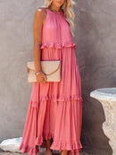 Vestido Longo Decote Alto com Babados Marcele Vestido Importe Go 