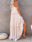 Vestido Longo Decote Alto com Babados Marcele Vestido Importe Go 