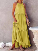 Vestido Longo Decote Alto com Babados Marcele Vestido Importe Go Amarelo P 