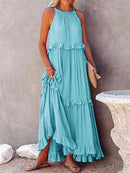 Vestido Longo Decote Alto com Babados Marcele Vestido Importe Go Azul Céu P 