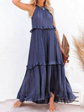 Vestido Longo Decote Alto com Babados Marcele Vestido Importe Go Azul P 
