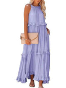 Vestido Longo Decote Alto com Babados Marcele Vestido Importe Go Lavanda P 