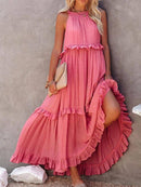 Vestido Longo Decote Alto com Babados Marcele Vestido Importe Go Rosa P 