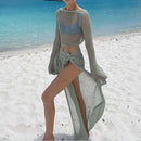 Yiciovy feminino verão 2 pçs beachwear bikini cover-ups sexy manga longa de malha oco colheita topos + split saia longa crochê conjunto Importe Go 