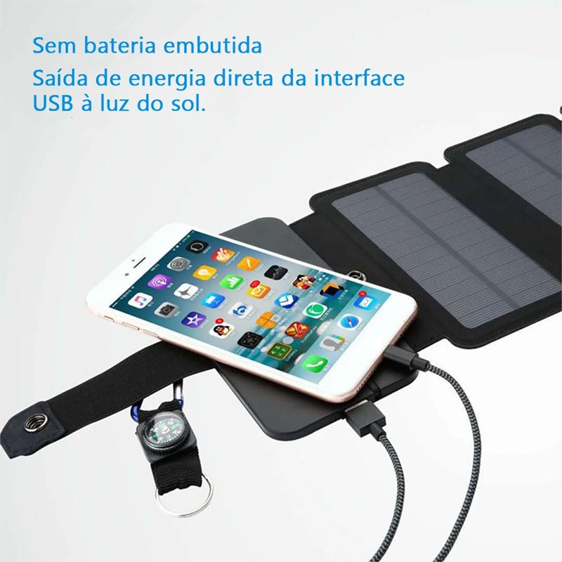 Painel Solar Carregador Portátil Dobrável para Celular e Dispositivos USB Painel Solar Carregador Portátil Dobrável para Celular e Dispositivos USB Importe Go 