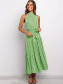 Vestido Longo Gola Alta com Laço - Moda Verão Vestido Longo Gola Alta com Laço Importe Go 