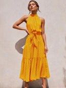 Vestido Longo Gola Alta com Laço - Moda Verão Vestido Longo Gola Alta com Laço Importe Go 
