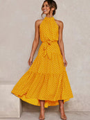 Vestido Longo Gola Alta com Laço - Moda Verão Vestido Longo Gola Alta com Laço Importe Go Amarelo Poá P 