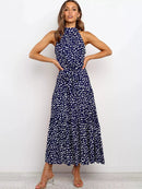 Vestido Longo Gola Alta com Laço - Moda Verão Vestido Longo Gola Alta com Laço Importe Go Azul Poá P 