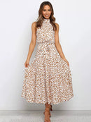 Vestido Longo Gola Alta com Laço - Moda Verão Vestido Longo Gola Alta com Laço Importe Go Bege Poá P 