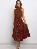 Vestido Longo Gola Alta com Laço - Moda Verão Vestido Longo Gola Alta com Laço Importe Go Marrom Poá P 