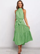 Vestido Longo Gola Alta com Laço - Moda Verão Vestido Longo Gola Alta com Laço Importe Go Verde Poá P 