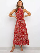 Vestido Longo Gola Alta com Laço - Moda Verão Vestido Longo Gola Alta com Laço Importe Go Vermelho Poá P 